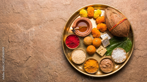 Flat Lay of Indian Diwali Ritual Items and Festive Offerings