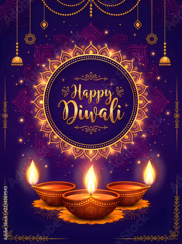 Happy diwali celebration background with glowing diya lamps, golden mandala pattern, and hanging traditional ornaments on a deep blue backdrop