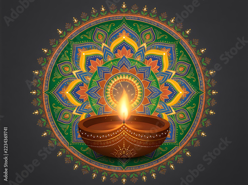 Diwali festival background with a traditional clay diya lamp and a colorful intricate mandala pattern on a dark grey backdrop for celebration