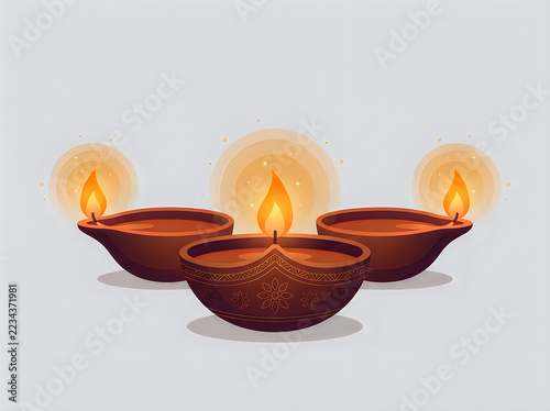 Three traditional clay diya lamps with glowing flames, arranged in a row, symbolizing light and celebration for the festival of diwali on a light background