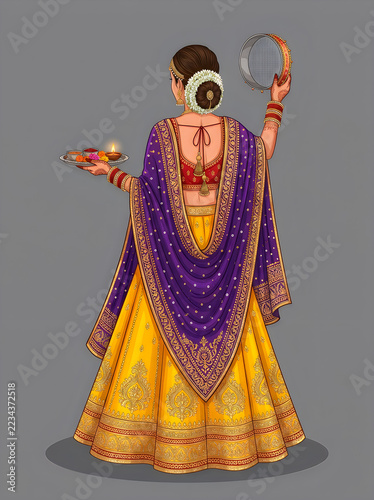 Illustration of an indian woman in traditional attire holding a sieve and a puja thali, celebrating karwa chauth festival, back view, detailed ethnic clothing design