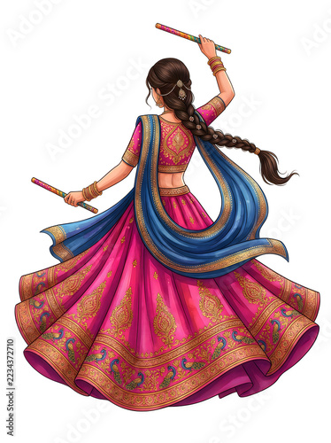 Illustration of a woman dancing garba in a traditional pink lehenga choli with a blue dupatta, holding dandiya sticks, isolated on white background
