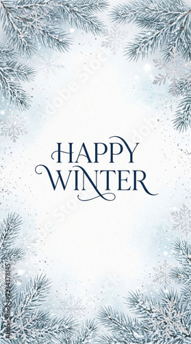 Happy winter greeting vector background, frosted pine branch frame, elegant snowy holiday card design