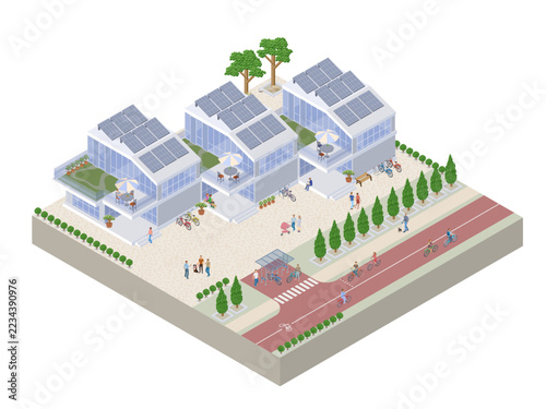 isometric eco townhouses with solar panels beside a bike lane