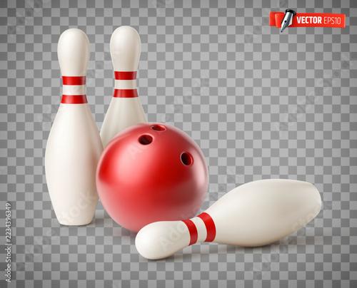 Vector realistic illustration of a red bowling ball with pins on a transparent background.