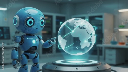 3D Mascot Blue Robot Character Touching Glowing Earth Globe Hologram for Global Network and AI Technology