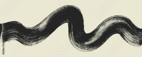 Stipple bold squiggly line background design. Thick wavy smear with stipple dry texture. Hand drawn vector swirl, isolated curved brush stroke. Vector dynamic fluid brush stroke with noise texture.