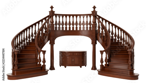 Fotografie Grand ornate dark wood double curved staircase with central wooden console cabin