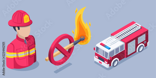 isometric vector image on a gray background, icon of firefighter and  fire truck next to crossed out burning match, fire service or fire department