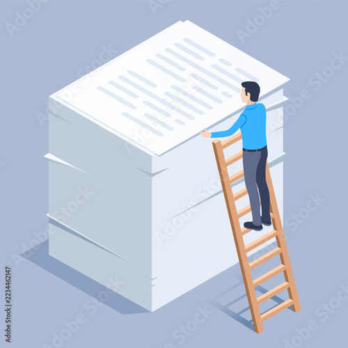 isometric vector image on a gray background, businessman on a wooden ladder near a high stack of papers, paperwork or routine