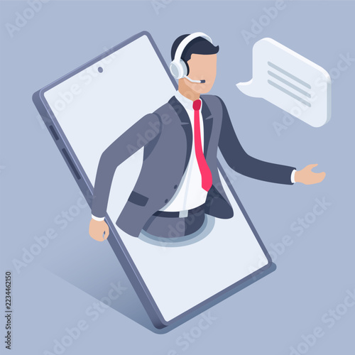 isometric vector image on a gray background, businessman wearing headphones with a microphone on  smartphone screen and text bubble, online assistant or consultant