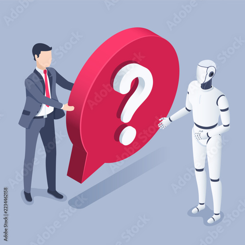 isometric vector image on a gray background, business concept,  businessman with a large question mark next to a robot, asking a question to a bot or AI consultant