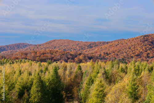 Fotografie Majestic mountain ranges abound with a colorful autumn forest featuring rich golden and copper shades