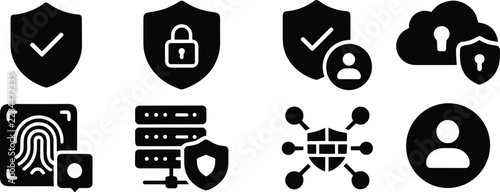 Cyber Security Icon Set Shield, Padlock, Cloud Protection, Fingerprint, Server Security, Minimalist, Isolated on White Background Solid Vector Collection
