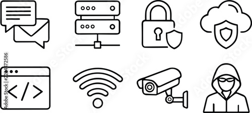 Cyber Security Icon Set Encrypted Message, Server, Lock Shield, Cloud Protection, Coding, Wifi, CCTV, Hacker, Editable Stroke, Minimalist, Isolated on White Background Vector Collection