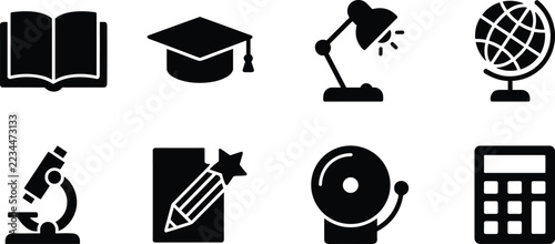Education Glyph Icon Set Featuring Open Book Graduation Cap Desk Lamp Globe Microscope Pencil School Bell and Calculator, Minimalist Isolated on White Background Solid Vector Collection
