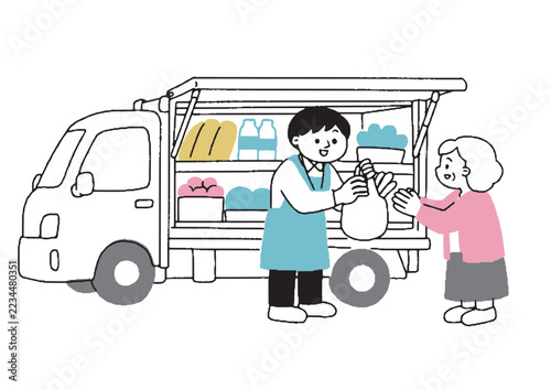 移動販売車で買い物をする高齢女性と販売員のイラスト　買い物支援・地域の暮らし
