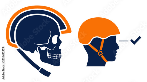 Safety Illustration Showing Proper Helmet Fitting and Protective Gear Compliance for Head Injury Prevention