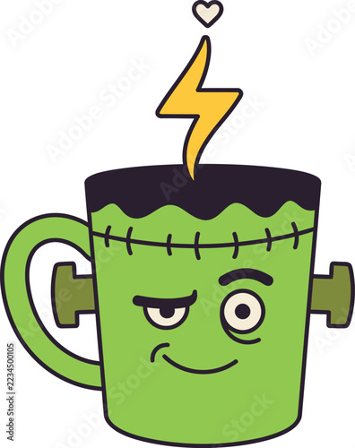 Frankenstein Monster Coffee Mug with Lightning Bolt and Stitches