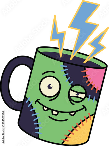 Frankenstein Patchwork Mug Grinning with Electric Lightning Bolts