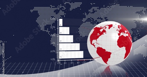 Rotating glossy 3D globe on right in studio, displaying bar chart and percent axis, copy space