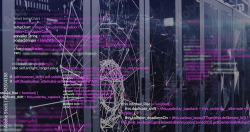 Floating 3D wireframe network mesh hovering in datacenter aisle, with glass racks and LED lights