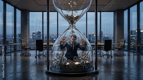 Businessman trapped inside giant hourglass with percentage symbols in modern office