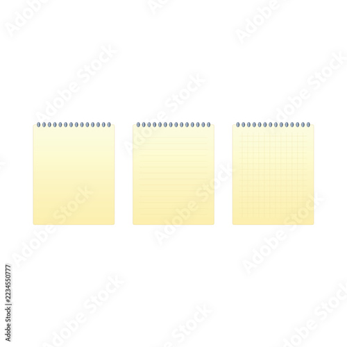 Collection of spiral notebooks with blank ruled and squared yellow paper isolated on white background
