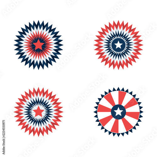 Set of 4 American patriotic rosettes and cockades with red white and blue star badges

