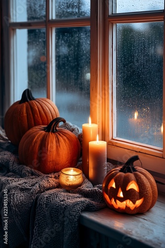 Pumpkins and candles decorate a cozy windowsill for Halloween while rain falls outside at night. Warm interior light contrasts with the dark wet window in a seasonal home scene.