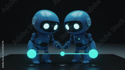 Two Cute 3D Mascot Blue Robot Characters Connecting Glowing Cyan Network Nodes in Dark Studio for Teamwork