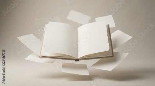 Floating sheets of deckle edge paper around open empty textbook concept of creativity