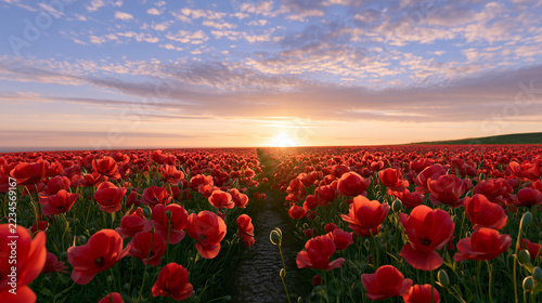 Poppy flowers blooming in a vibrant field during sunset  