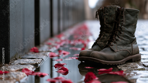 Combat boots resting beside rose petals on a rainy street  