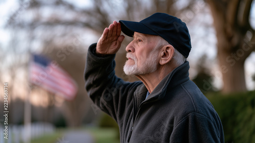 Elderly man saluting outdoors with American flag in the background  