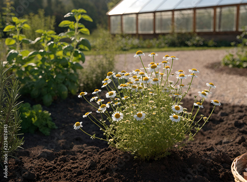 Chamomile plant with white flowers in a sunny herb garden