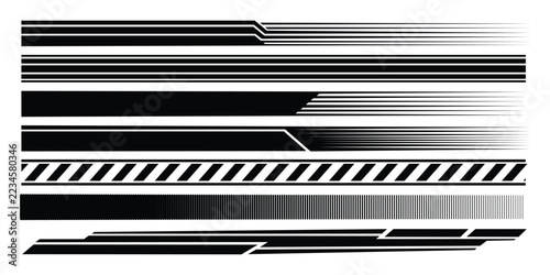Abstract speed lines and racing stripes set vector illustration. Dynamic motion blur streaks, vehicle decals, and horizontal velocity graphic elements isolated on white background.