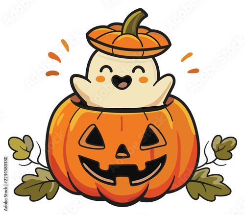 Cute Little Ghost Peeking Out from Jack o Lantern Pumpkin Halloween Cartoon Vector Illustration