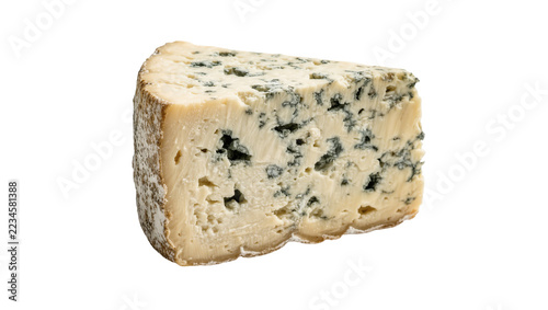 Wedge of creamy blue cheese with visible mold veins and textured rind