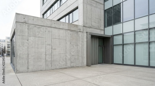A modern concrete building with a glass facade stands against a cloudy sky. A small, recessed entryway is visible on the right side of the building.