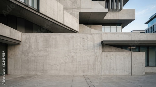 A modern concrete building features a series of stacked, cantilevered volumes. The exterior showcases exposed concrete surfaces with visible texture and imperfections.