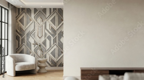 A modern living room features a striking geometric wallpaper with gray, white, and beige patterns. A comfortable, light-colored armchair sits in front of the wall.