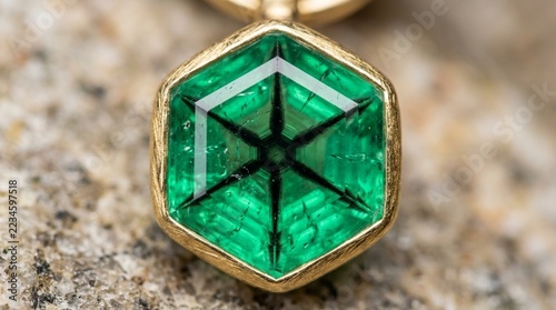 Hexagonal Emerald Gemstone with Six-Pointed Asterism, Gold Pendant, Macro Shot