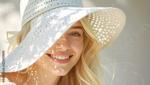 High-Key Summer Portrait of Woman in Straw Hat with Lace Shadows.