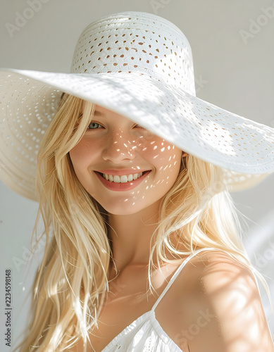 High-Key Summer Portrait of Woman in Straw Hat with Lace Shadows.
