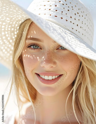 High-Key Summer Portrait of Woman in Straw Hat with Lace Shadows.