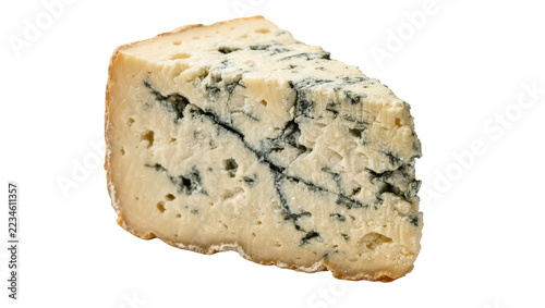 Obraz na plátně Wedge of creamy blue cheese with distinct blue veins and textured rind
