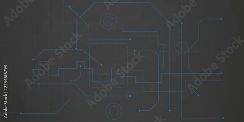 Abstract Dark Grey Technology Background with Blue Circuit Board Lines, Cyber Microchip Processor Blueprint, Digital Network Data Connection Pattern, Vector EPS 10 Illustration
