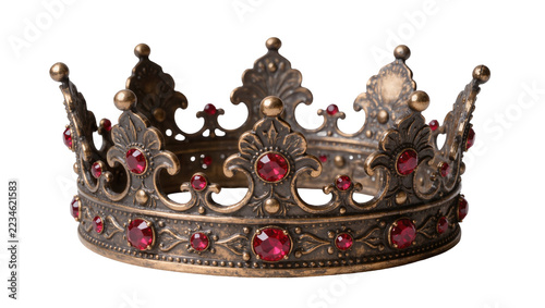 Obraz na plátně Ornate antique bronze crown with red gemstones, isolated on transparent backgrou
