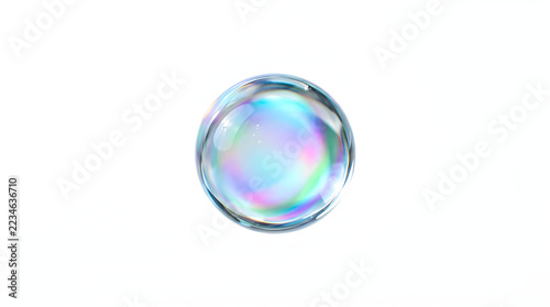 A single iridescent soap bubble floating in mid-air on a white background